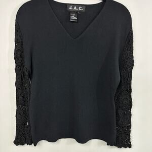 JAC Crochet Sleeve Black V-Neck Sweater Large